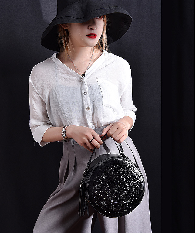 Vintage Toem Embossing Round Shape Leather Tote Bags 9785-Leather Bags for Women-Wine Red-Free Shipping Leatheretro