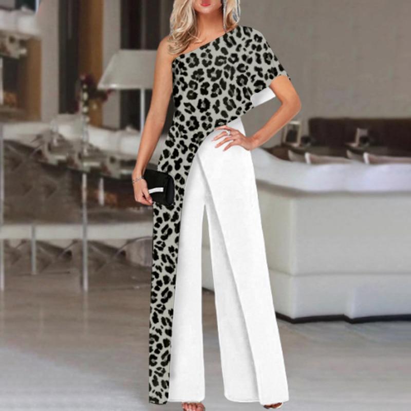 Sexy One Shoulder Leopard Print Long Women Jumpsuits-Jumpsuits & Rompers-S-Gray-Free Shipping Leatheretro