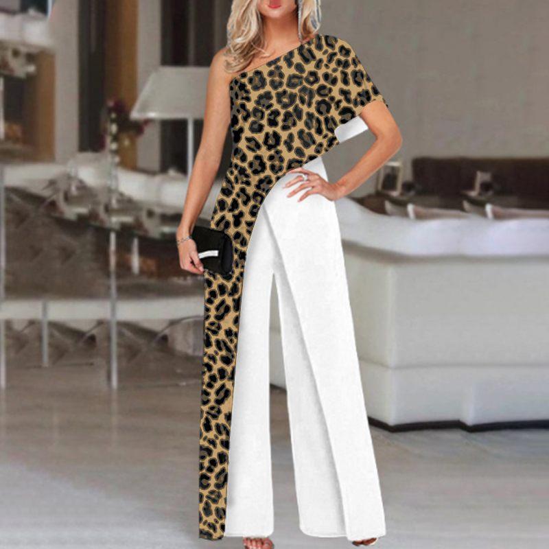 Sexy One Shoulder Leopard Print Long Women Jumpsuits-Jumpsuits & Rompers-S-Coffee-Free Shipping Leatheretro