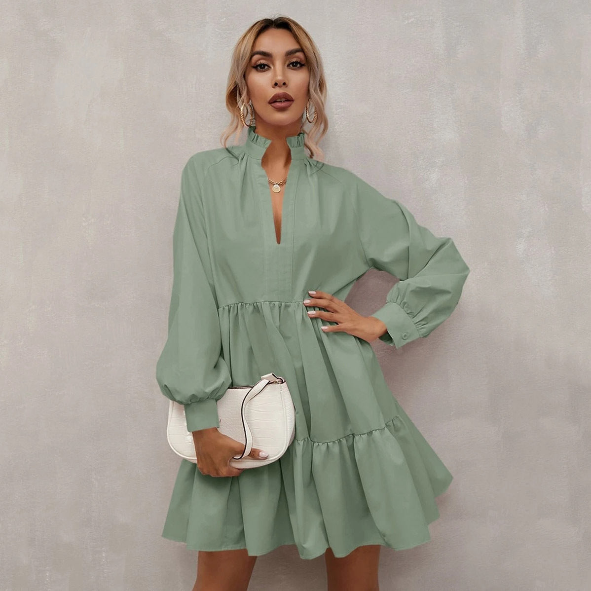 Casual Long Sleeves Daily Dresses-Dresses-Light Green-XS-Free Shipping Leatheretro