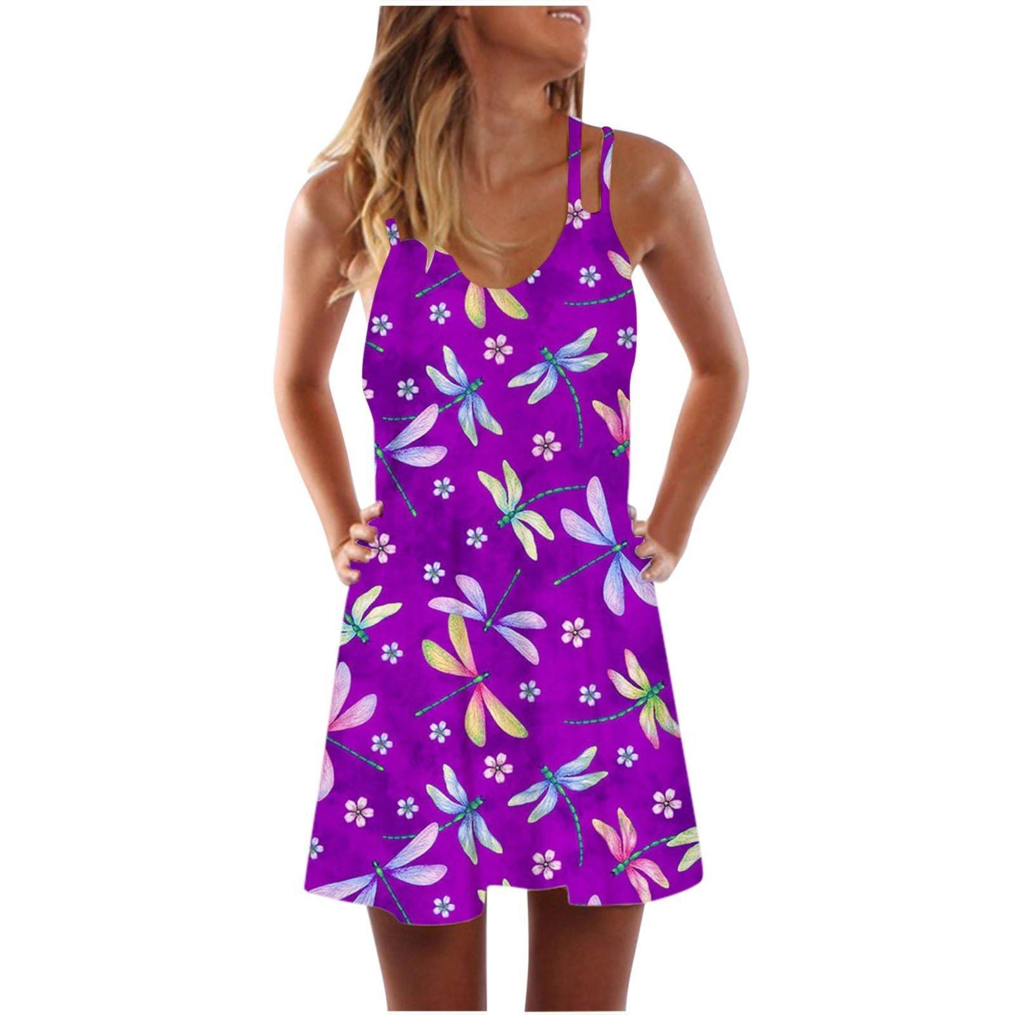 New Fashon Butterfly Print Short Dresses-Mini Dresses-Purple-S-Free Shipping Leatheretro