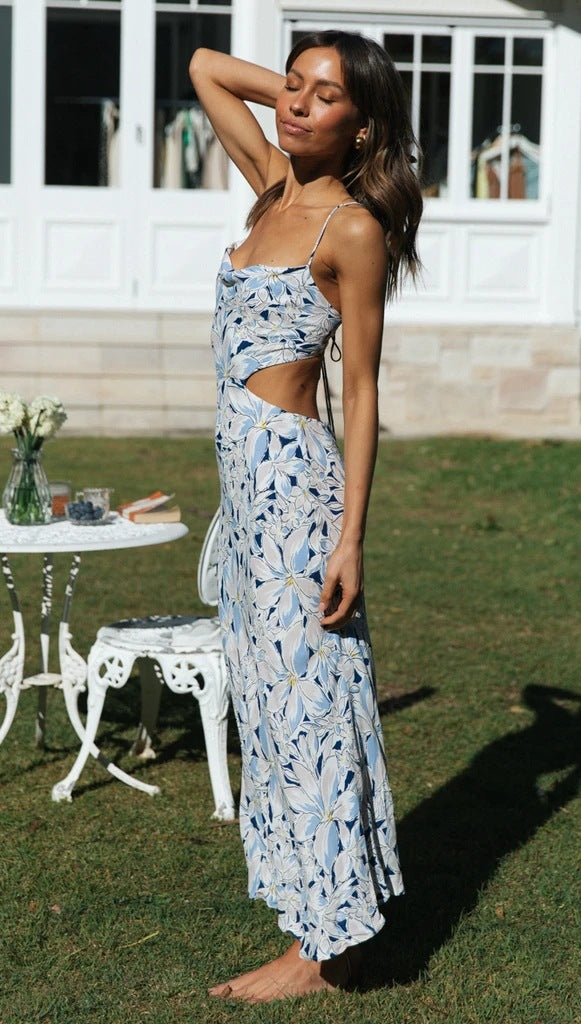 Sexy Backless Floral Designed Sweet Halter Dresses-Dresses-Blue-S-Free Shipping Leatheretro