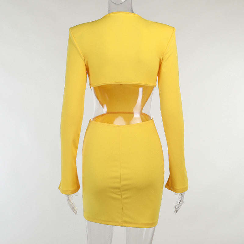 Women Sexy V Neck Midriff Long Sleeves Dresses-Dresses-Yellow-S-Free Shipping Leatheretro