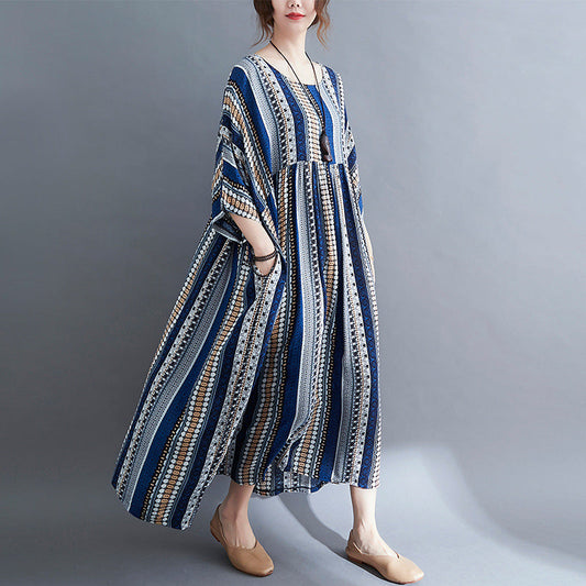 Women Loose Plus Sizes Long Dresses-Dresses-Striped-One Size-Free Shipping Leatheretro