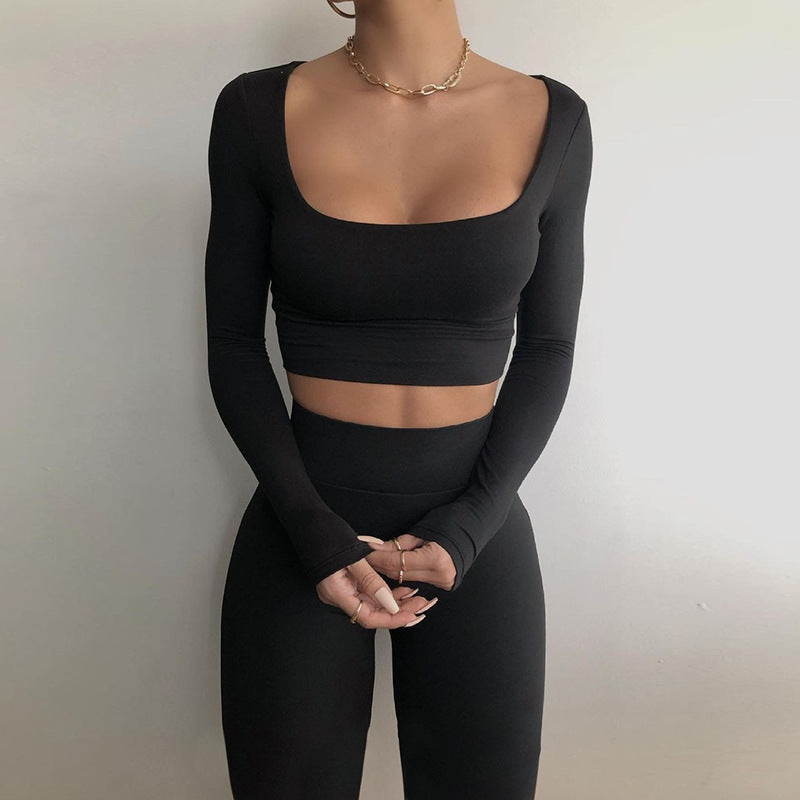 Women High Waist Legging Pants and Long Sleeves Short Tops-Suits-Black-S-Free Shipping Leatheretro