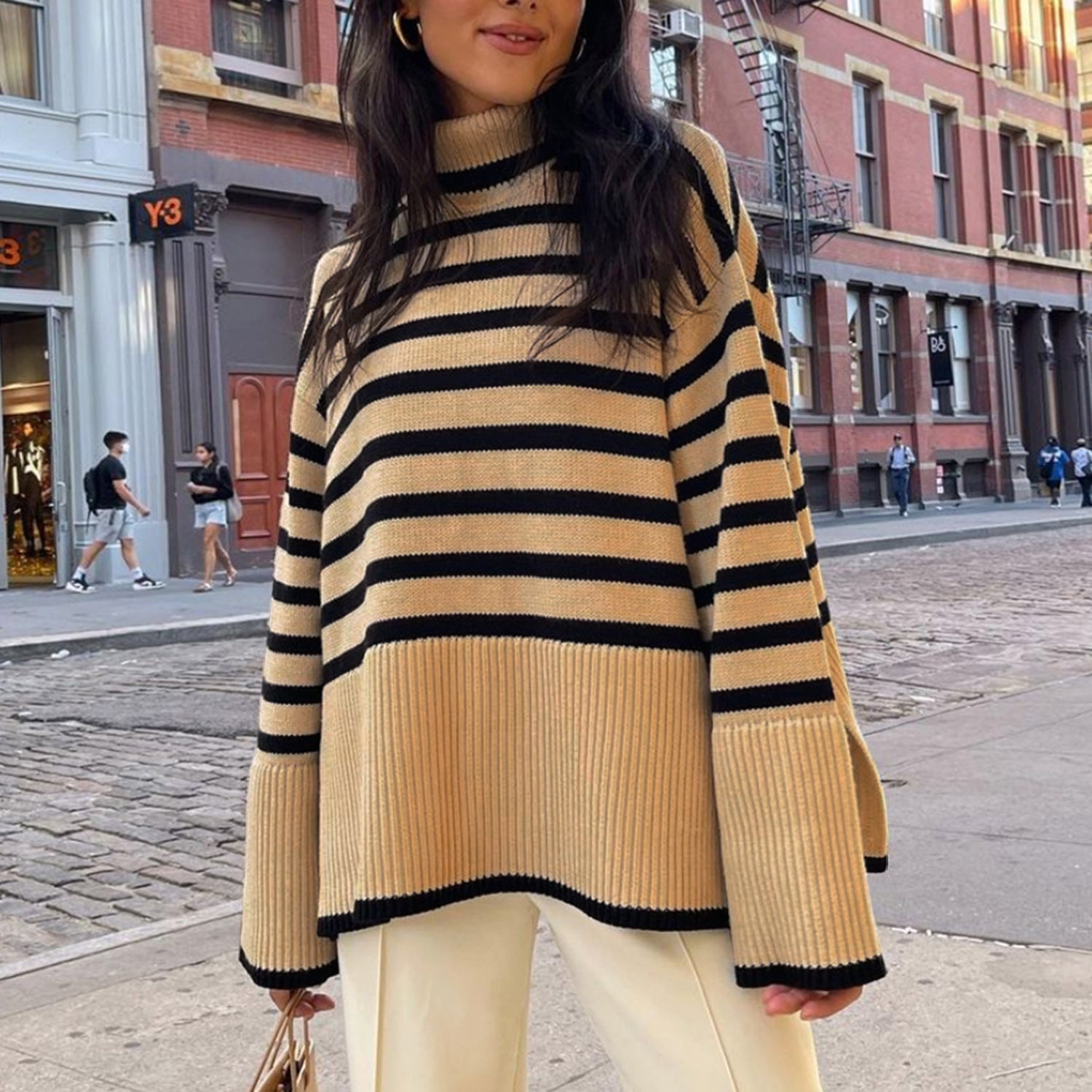 Fashion High Neck Striped Pullover Sweaters-Shirts & Tops-Khaki Stripe-S-Free Shipping Leatheretro