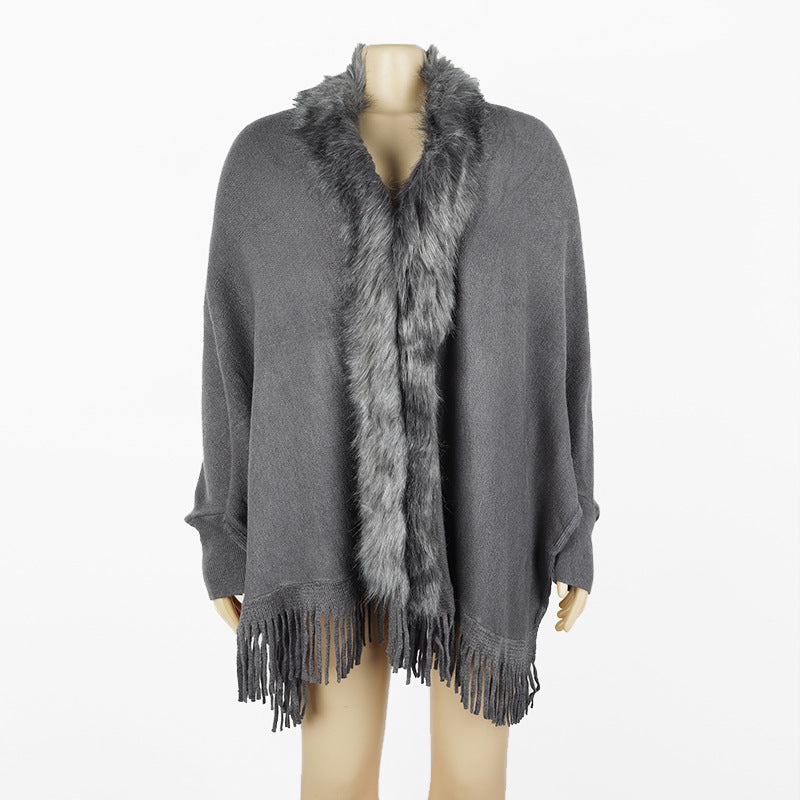 Women Winter Tassels Fur Collar Cardigan Overcoat-Outerwear-Gray-One Size-Free Shipping Leatheretro