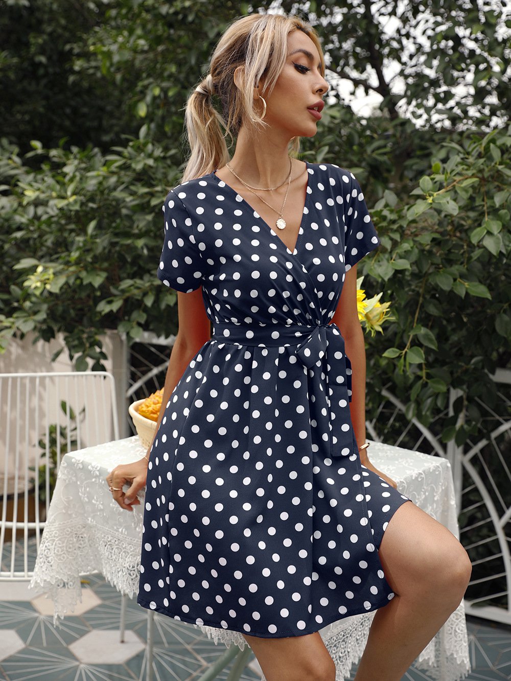 Casual Polk Dot Summer Short Dresses-Mini Dresses-Navy Blue-S-Free Shipping Leatheretro
