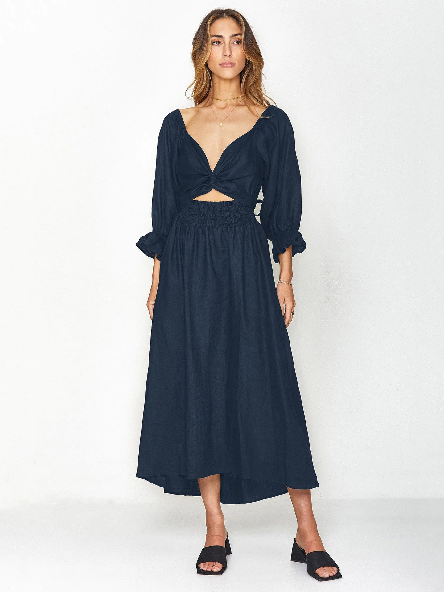 Summer High Waist Long Sleeves Double Sides Midi Dresses-Dresses-Navy Blue-S-Free Shipping Leatheretro