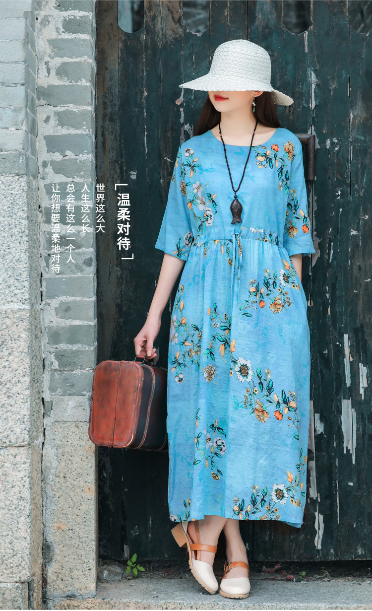 Ethinc Line Summer Half Sleeves Women Long Dresses-Dresses-Light Blue（886）-M-Free Shipping Leatheretro