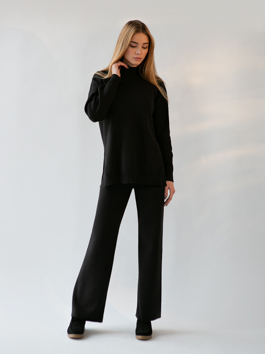 Casual Women High Neck Sweaters and Pants Two Pieces Sets-Suits-Black-S-Free Shipping Leatheretro