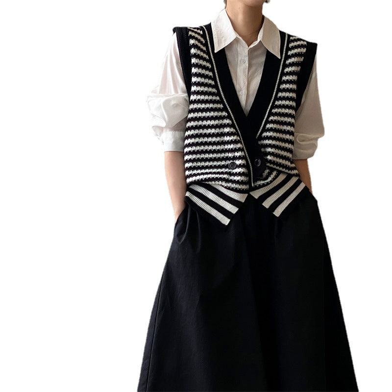 Vintage Designed Striped Knitted Top Vest-Vests-Black-One Size-Free Shipping Leatheretro