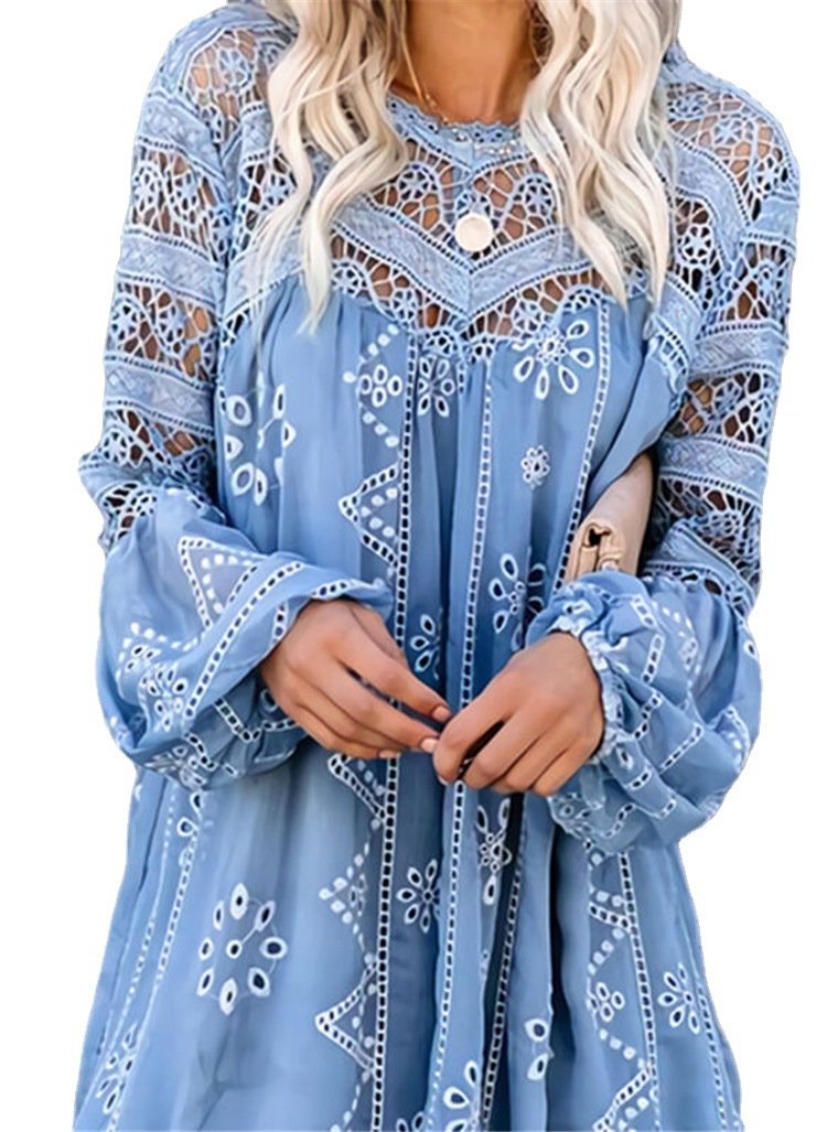 Women Summer Hollow Out Casual Short Dresses-Mini Dresses-Sky Blue-S-Free Shipping Leatheretro