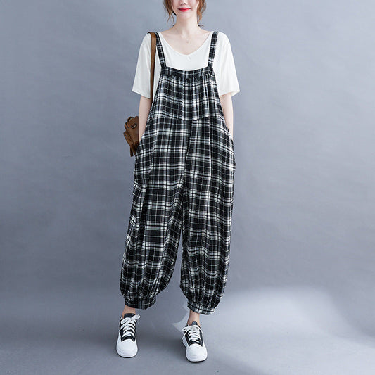 Vintage Plaid Plus Sizes Jumpsuits for Women-Suits-Plaid-L-Free Shipping Leatheretro