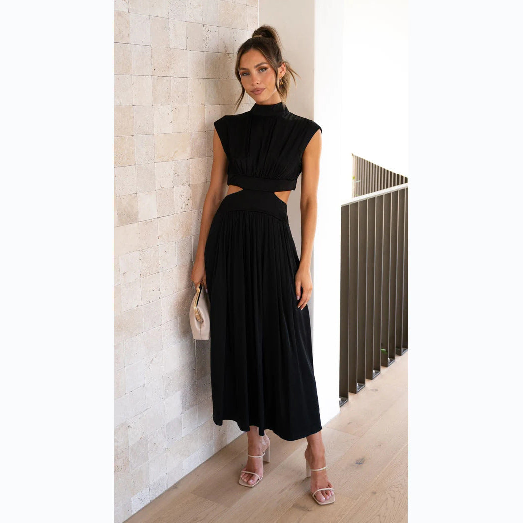 Fashion Stand Collar Waist Baring Summer Long Dresses-Dresses-Black-S-Free Shipping Leatheretro