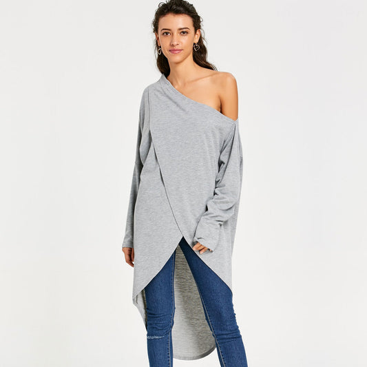 Casual Gray Irregular One Shoulder Long Sleeves Tops-Dresses-Gray-S-Free Shipping Leatheretro