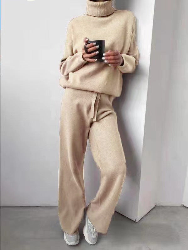 Casual High Neck Two Pieces Knitted Tops & Wide Legs Pants-Suits-White-S-Free Shipping Leatheretro