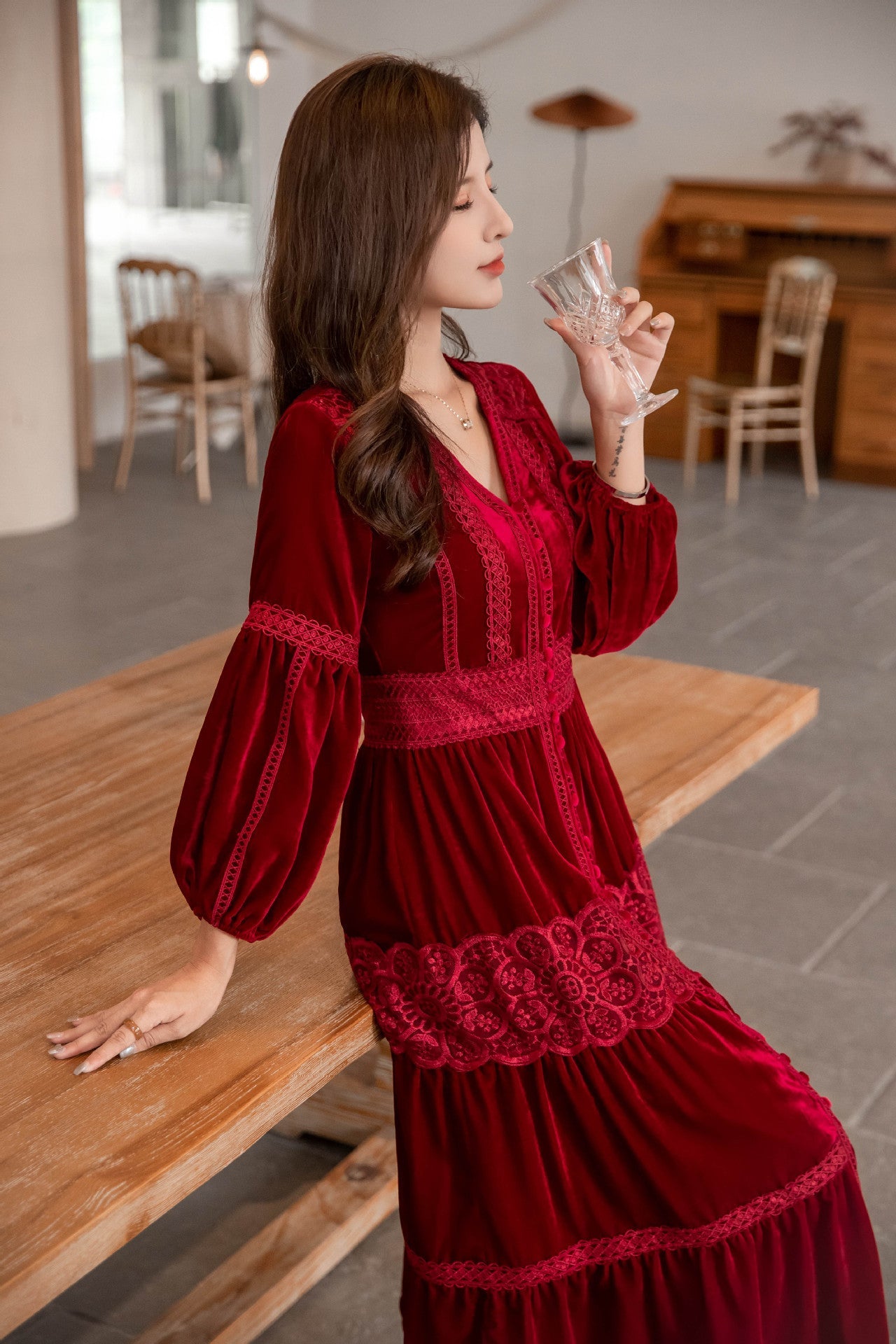 Vintage Long Sleeves Winter Dresses-Dresses-Wine Red-S-Free Shipping Leatheretro