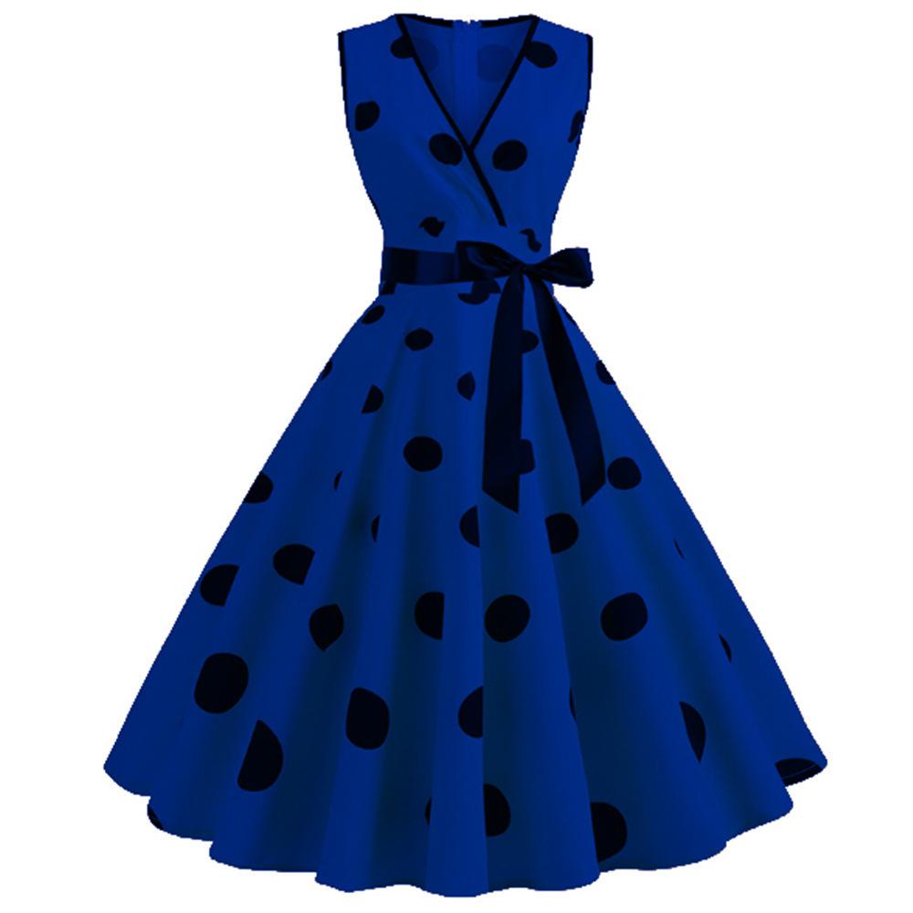 Casual Sleeveless Dot Print Vintage Dresses-Vintage Dresses-Blue-S-Free Shipping Leatheretro