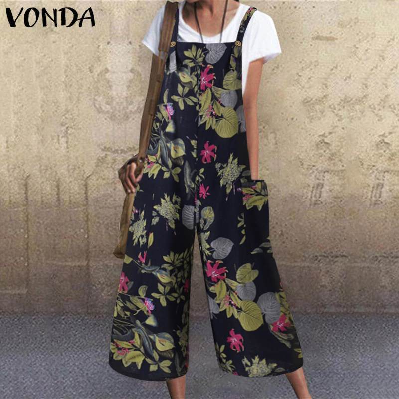 Leisure Summer Linen Plus Sizes Jumpsuits-Jumpsuits-Blue Flower-S-Free Shipping Leatheretro