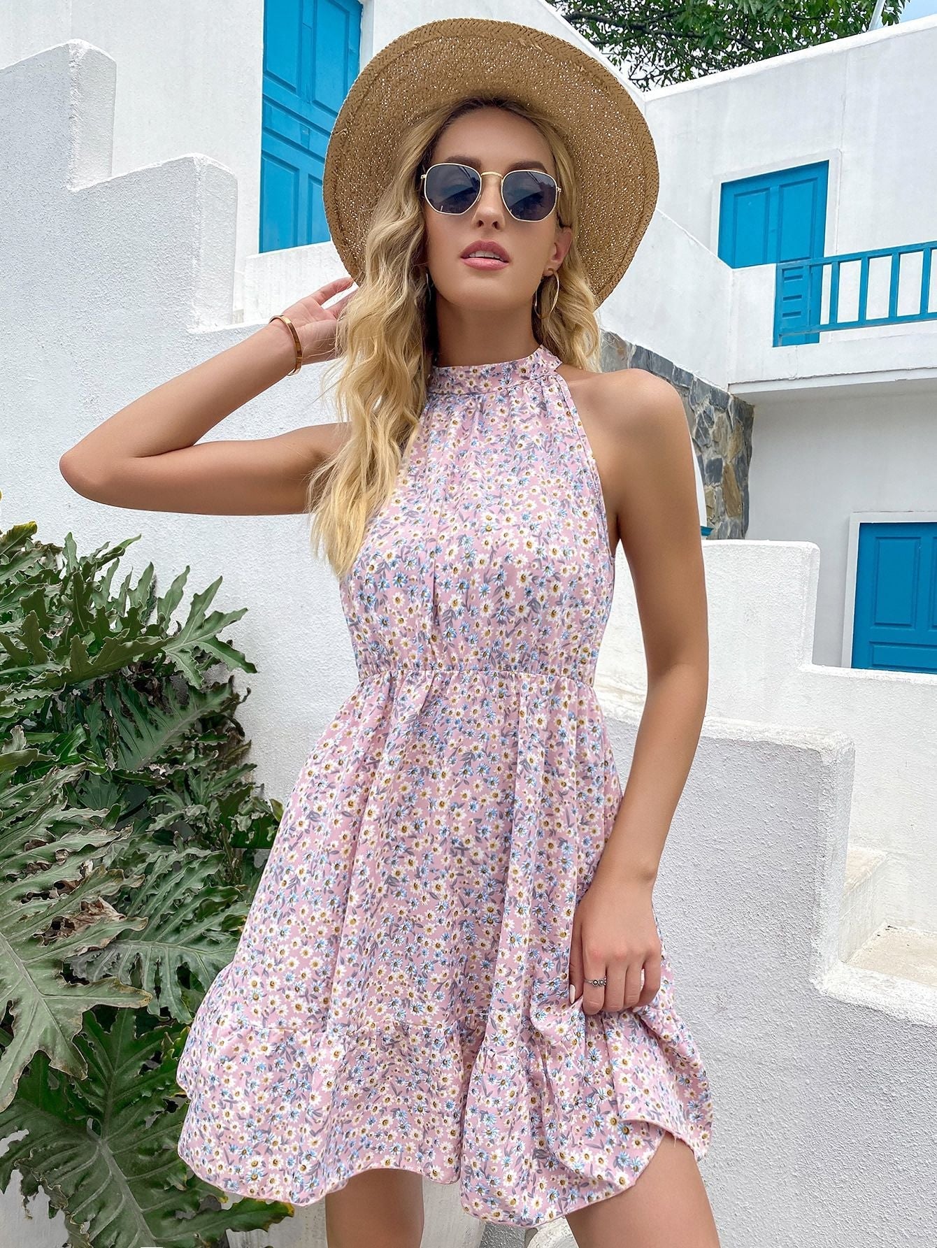 Casual Floral Print Women Short Summer Dresses-Dresses-Pink-S-Free Shipping Leatheretro