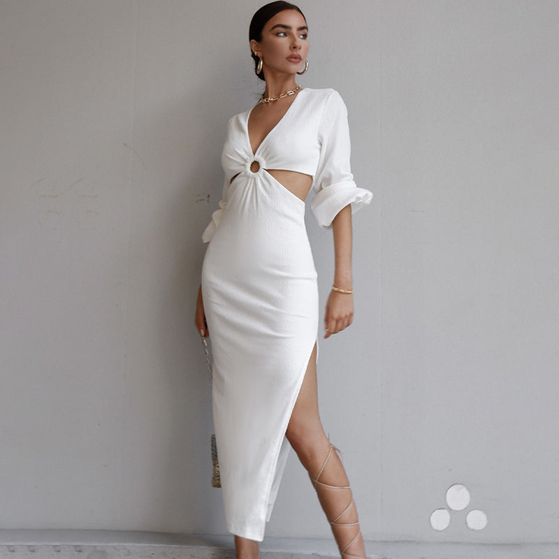 Sexy Long Sleeves Waist Baring Party Dresses-Dresses-White-S-Free Shipping Leatheretro