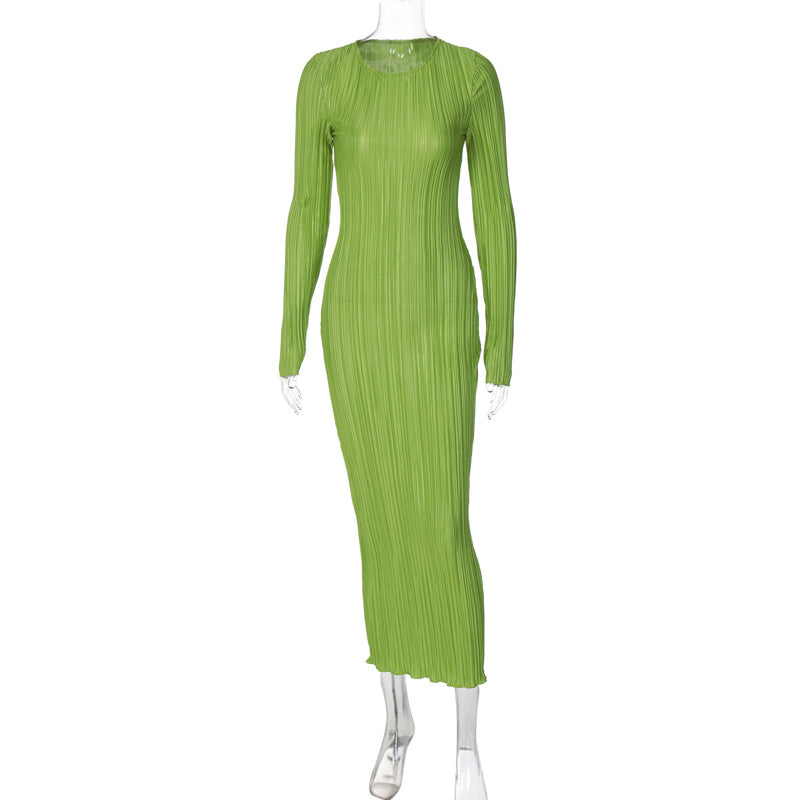 Fashion Round Neck Long Sleeves Dresses-Dresses-Green-S-Free Shipping Leatheretro