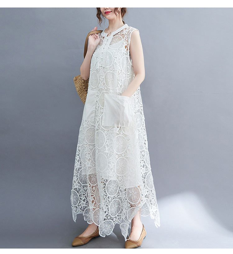 Vintage Lace Embroidery Sleeveless Two Pieces Dresses-Dresses-White-L-Free Shipping Leatheretro