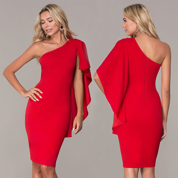 Sexy One Shoulder Ruffled Women Mini Dresses-Dresses-Red-S-Free Shipping Leatheretro