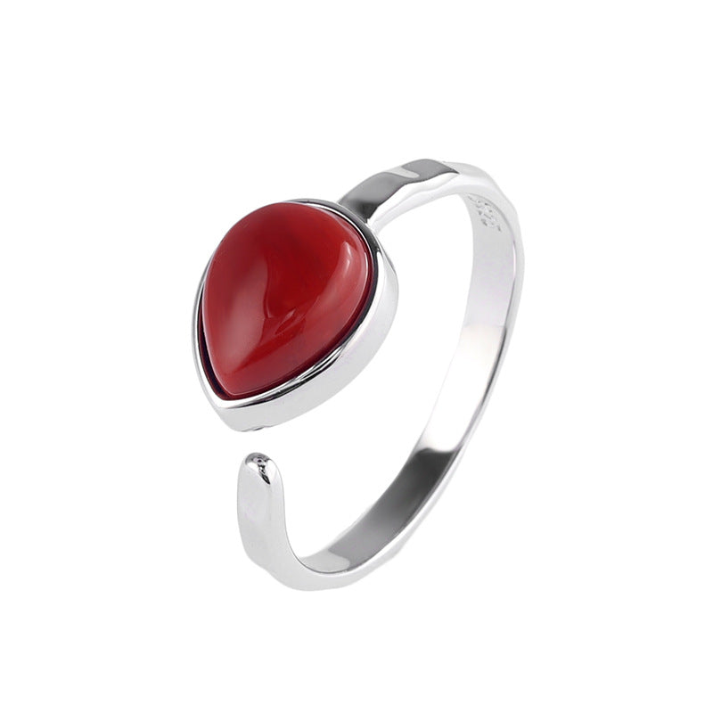 Vintage Water Drop Design Sterling Silver Ring for Women-Rings-Red-Adjustable-Open-Free Shipping Leatheretro