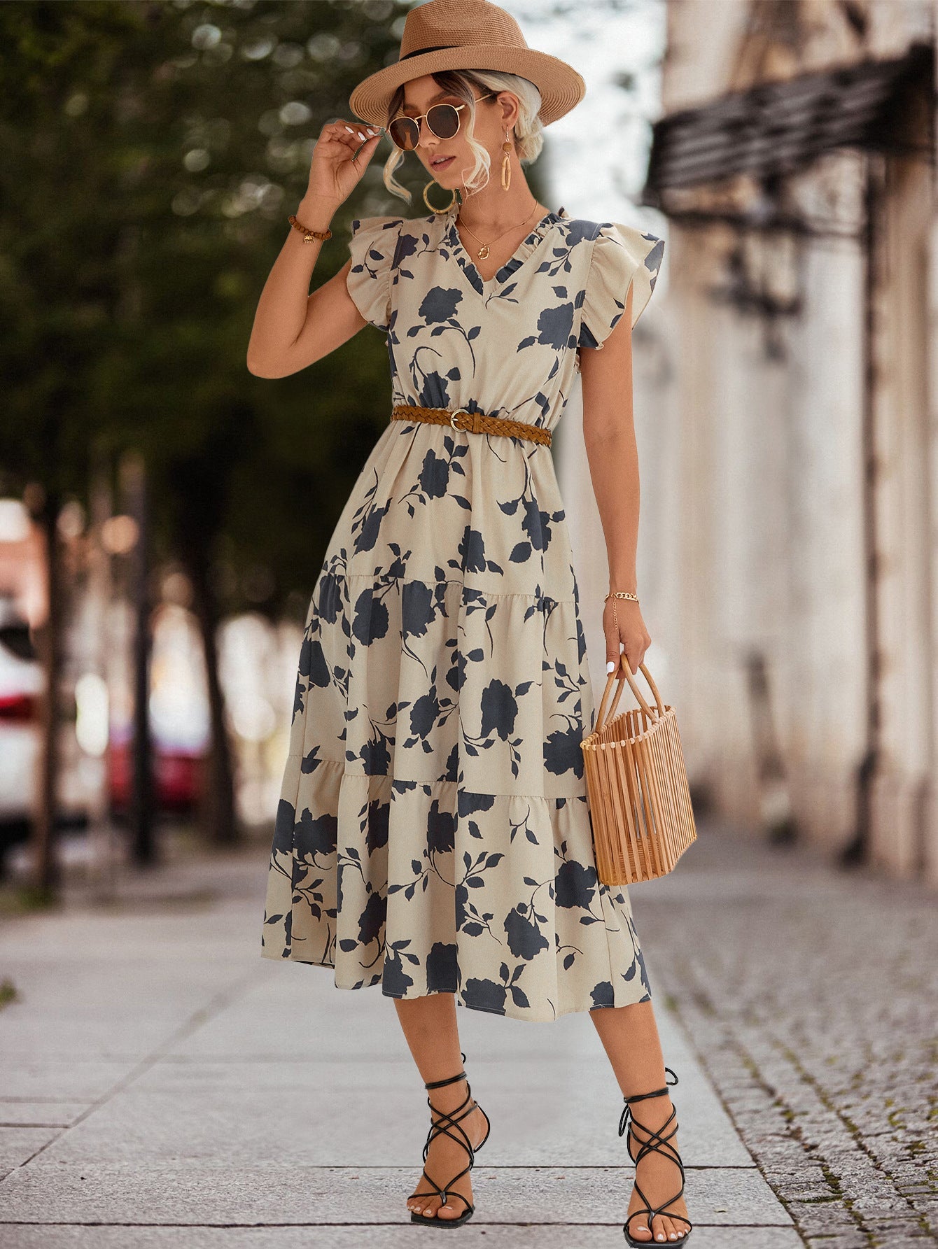 Casual V Neck Floral Print Women Dresses-Dresses-Apricot-S-Free Shipping Leatheretro