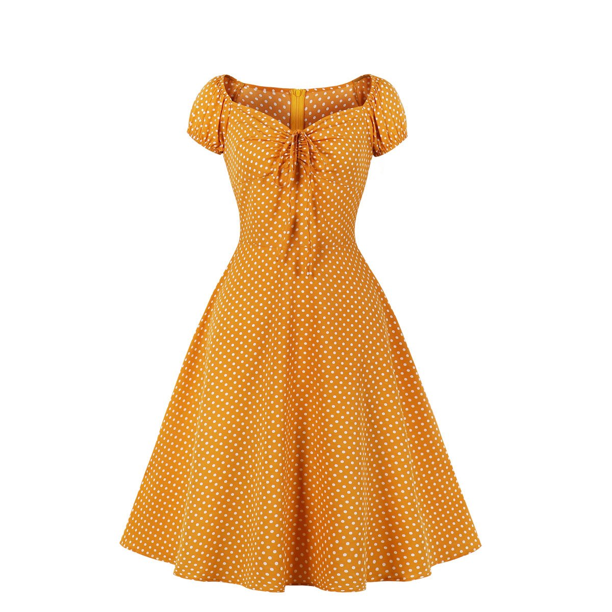 Women Short Sleeves Dot Print Vintage Dresses-Vintage Dresses-Yellow-S-Free Shipping Leatheretro