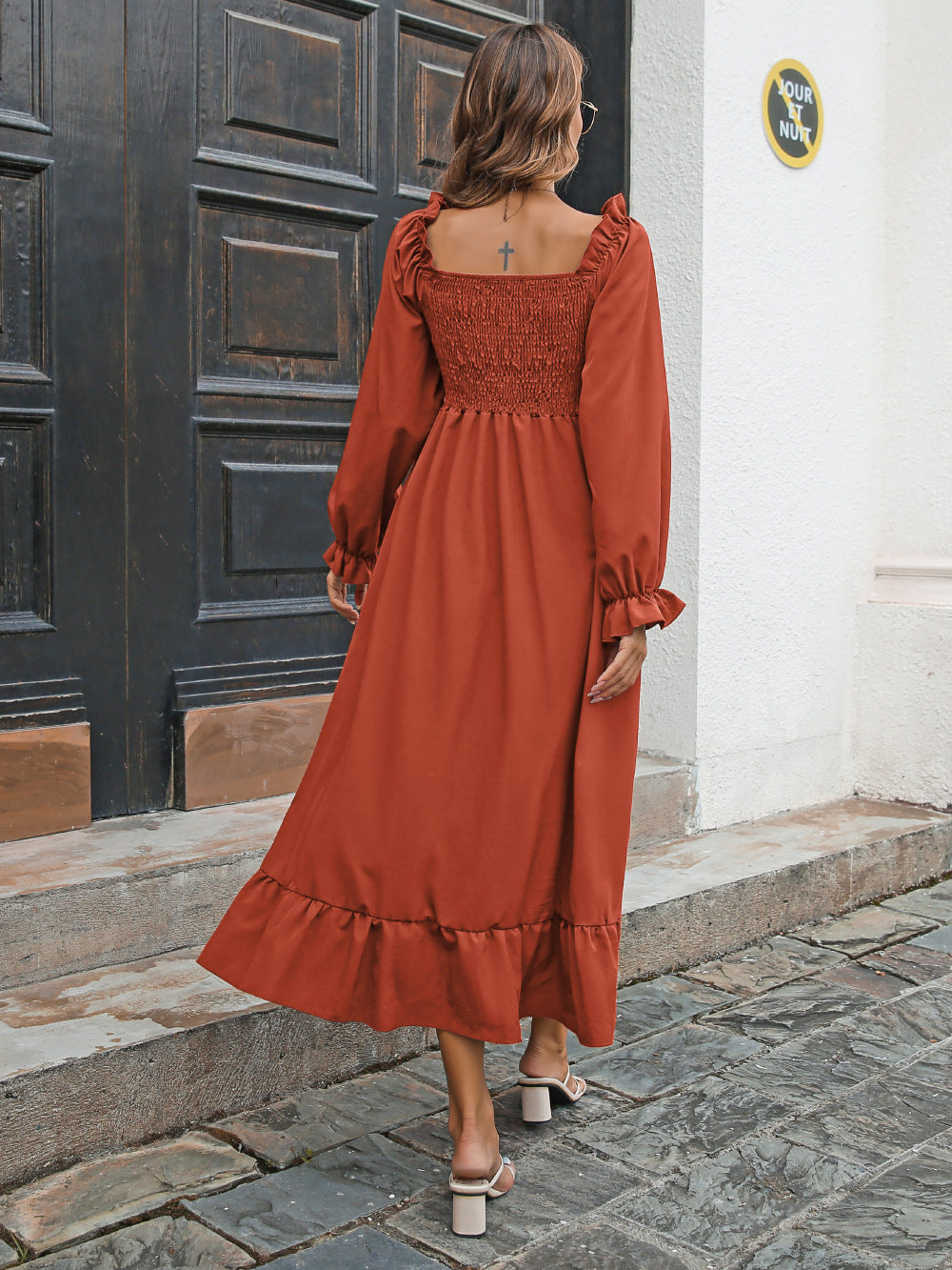 Casual Ruffled Long Sleeves Fall Dresses-Dresses-Wine Red-S-Free Shipping Leatheretro