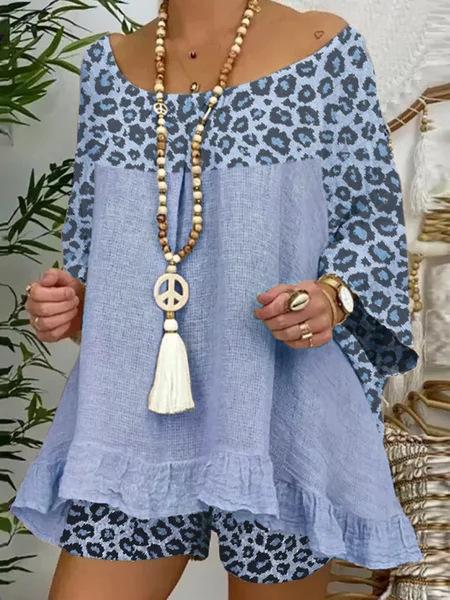 Plus Size Summer Leopard Linen Blouses&Shorts Suits-Shirts&Blouses-Sky Blue-S-Free Shipping Leatheretro