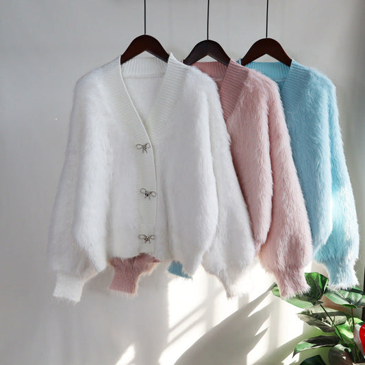 Warm Mink Wool Knitting Women Overcoat-Shirts & Tops-White-One Size-Free Shipping Leatheretro