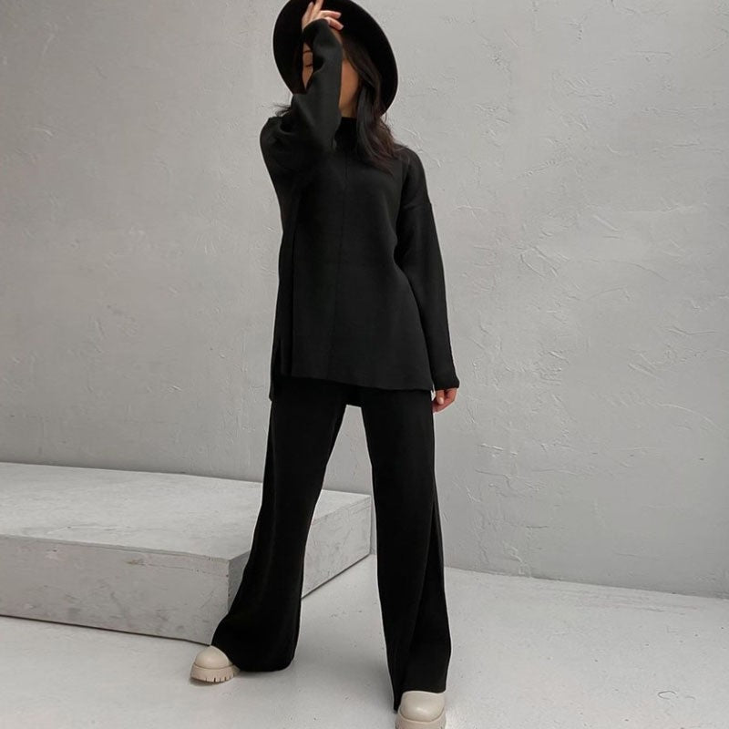Winter Long Sleeves Knitted Tops and Wide Leg Pants-Suits-Black-S-Free Shipping Leatheretro