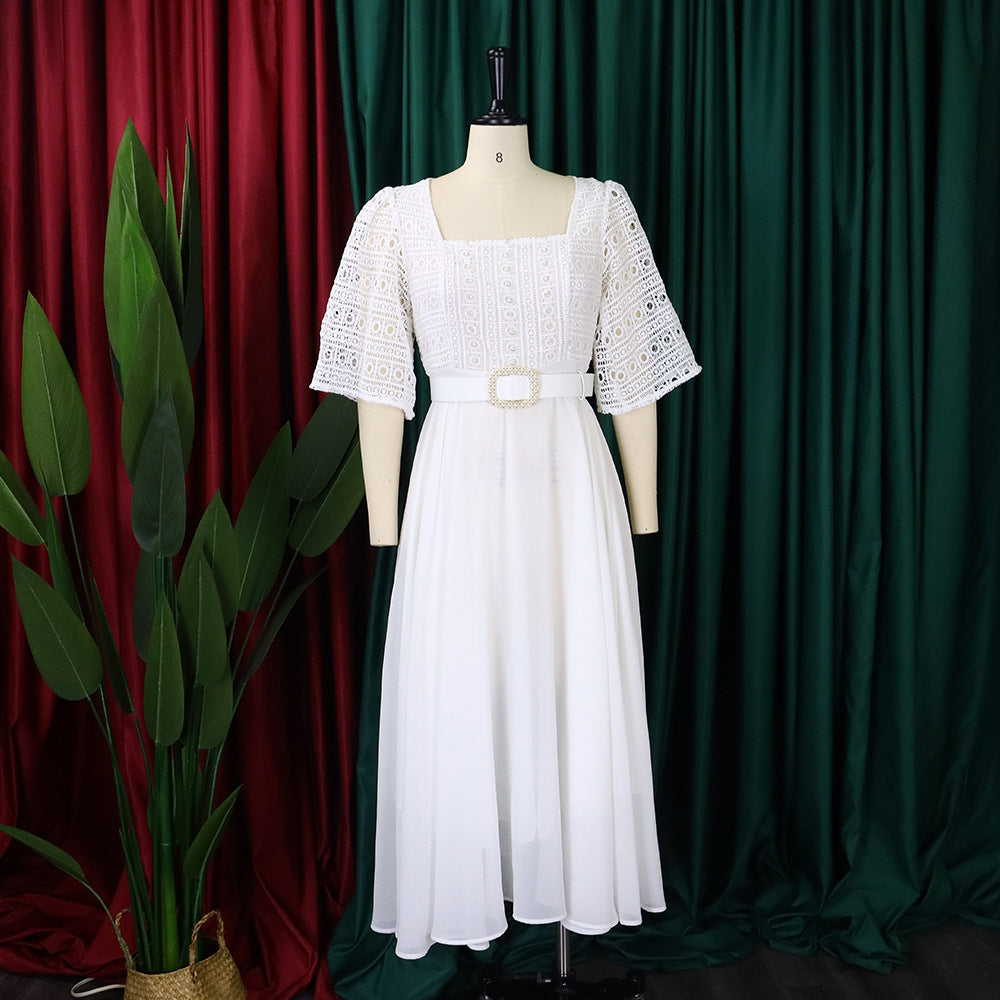 Elegant Chiffon Women Dresses with Belt-Dresses-White-S-Free Shipping Leatheretro
