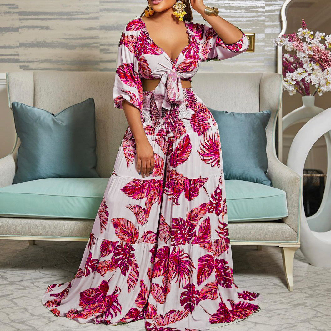 Casual Leaf Print Two Pieces Women Suits-Suits-Rose Red-S-Free Shipping Leatheretro