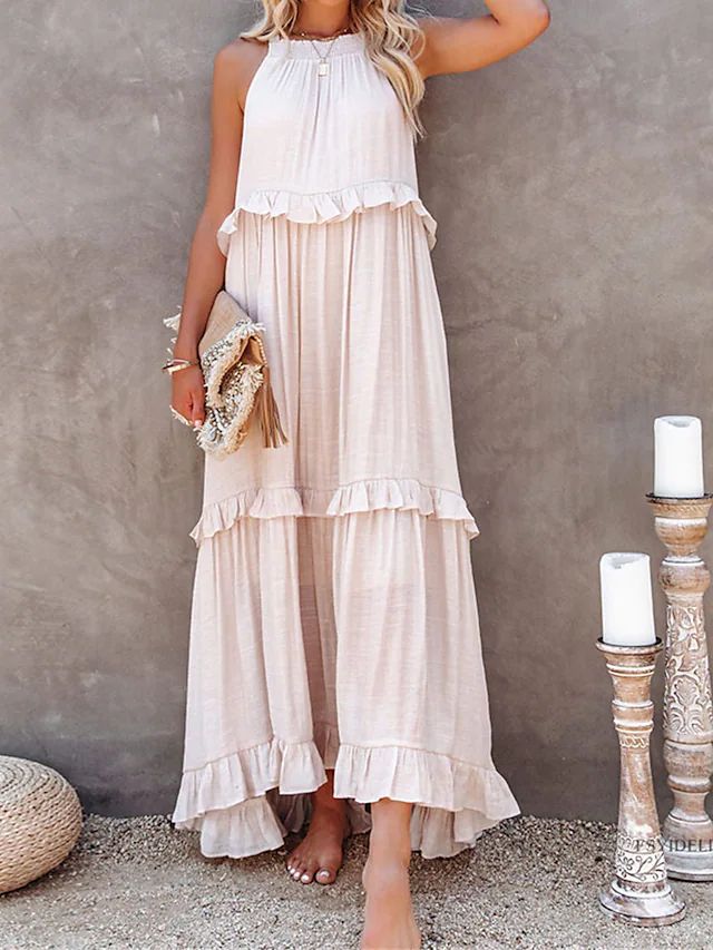 Casual Ruffled Summer Holiday Long Maxi Dresses-Dresses-Apricot-S-Free Shipping Leatheretro
