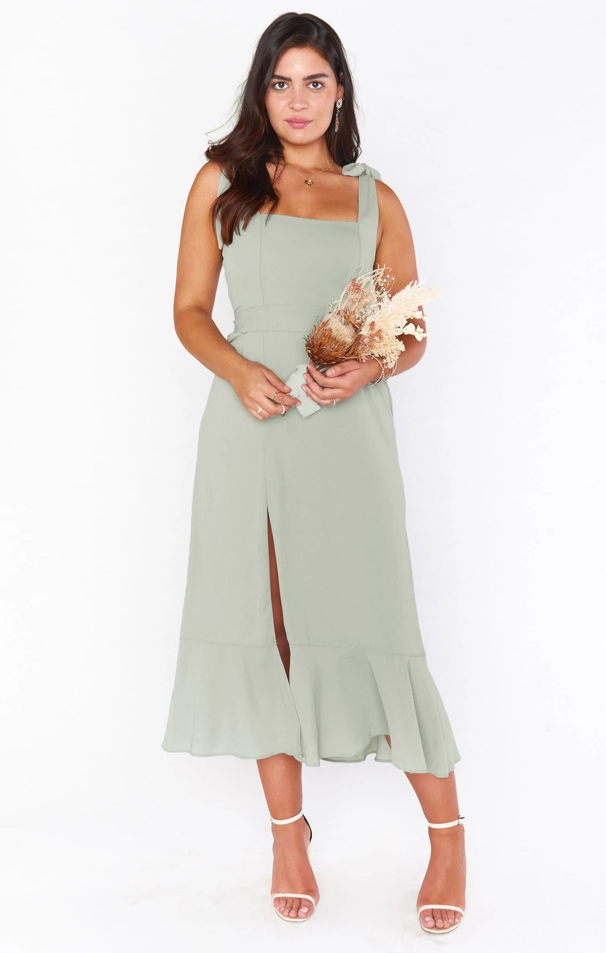 Fashion Summer Split Front Midi Dresses for Women-Dresses-Light Green-S-Free Shipping Leatheretro