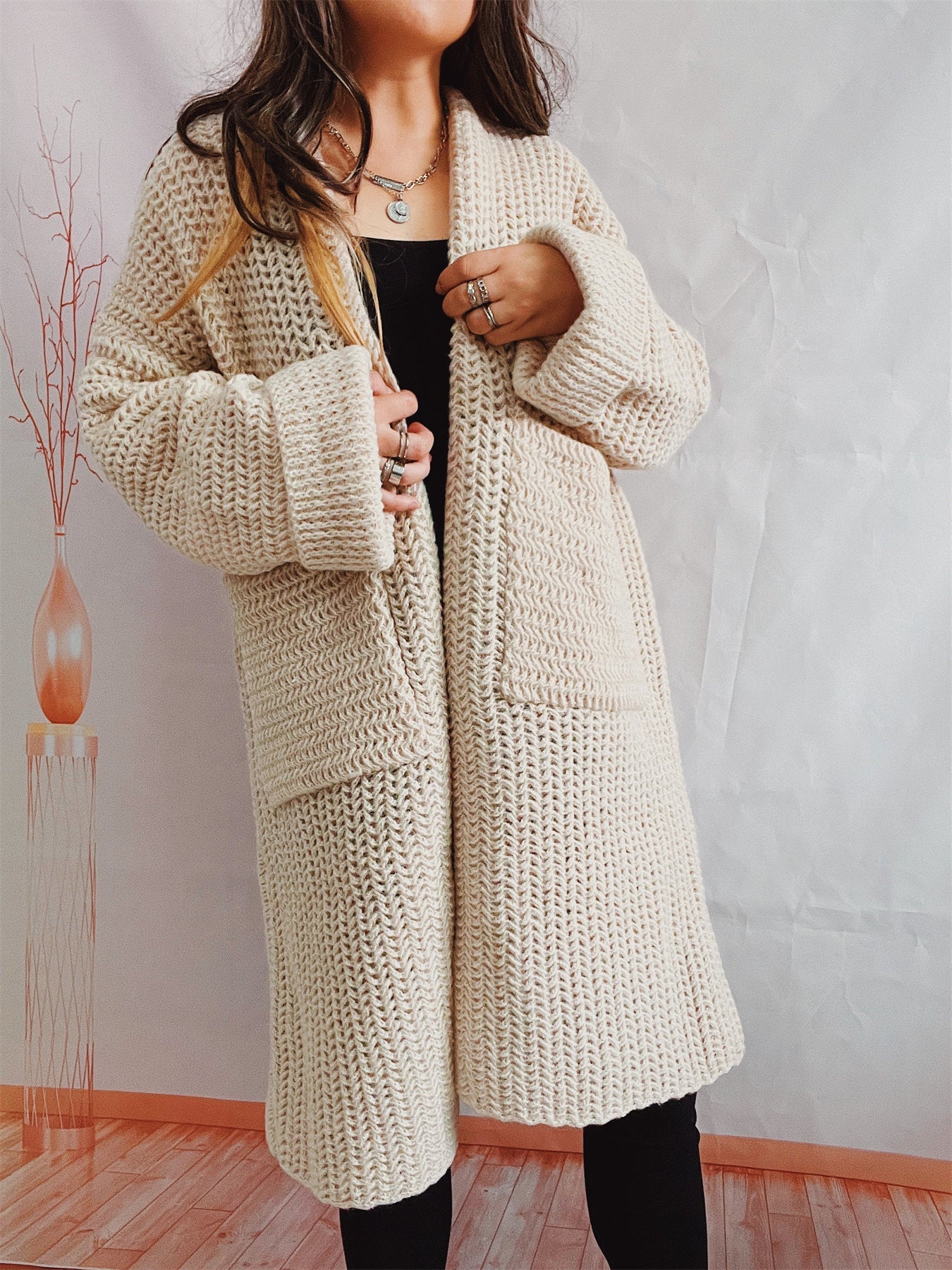 Casual Long Knitted Coats with Large Pockets-Outerwear-卡其-S-Free Shipping Leatheretro