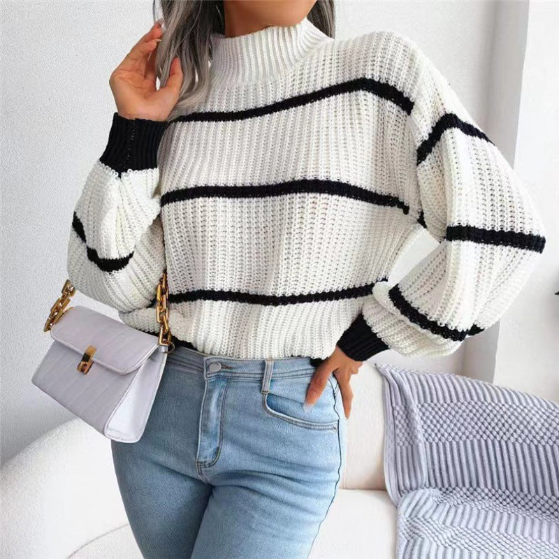 Fashion Striped High Neck Knitted Pullover Sweaters-Shirts & Tops-White-One Size-Free Shipping Leatheretro