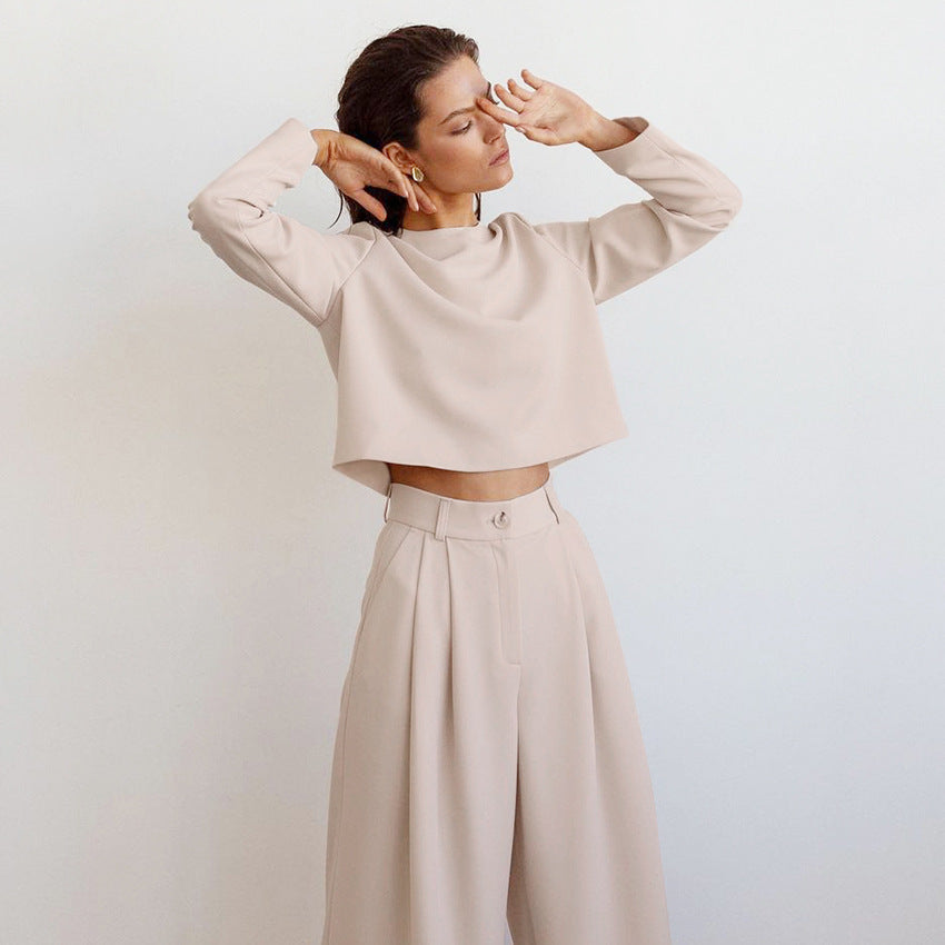 Casual Women Tops and Wide Leg Pants Two Pieces Suits-Suits-Khaki-S-Free Shipping Leatheretro