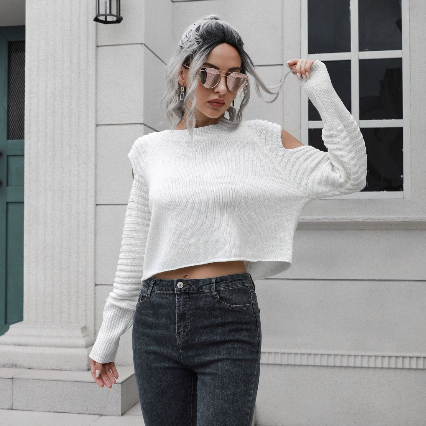 Designed Women Knitting Long Sleeves Sweaters-Shirts & Tops-White-S-Free Shipping Leatheretro