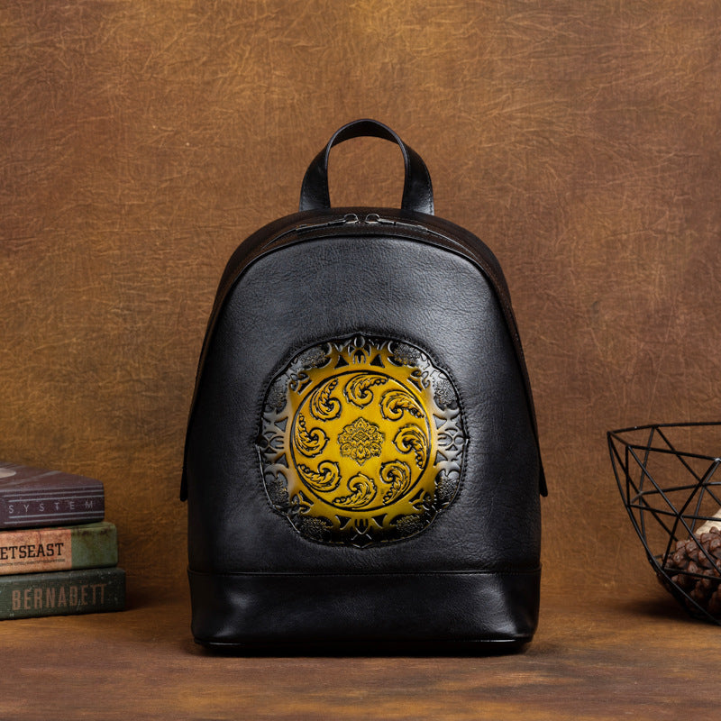 Vintage Vegetable Tanned Leather Embossing Backpack for Women C319-Leather Backpack for Women-Brown-Free Shipping Leatheretro