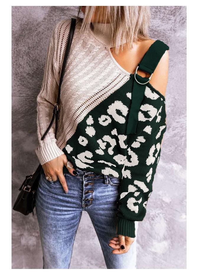 New Leopard High Neck Women Fall Sweaters-Sweater&Hoodies-Green-S-Free Shipping Leatheretro