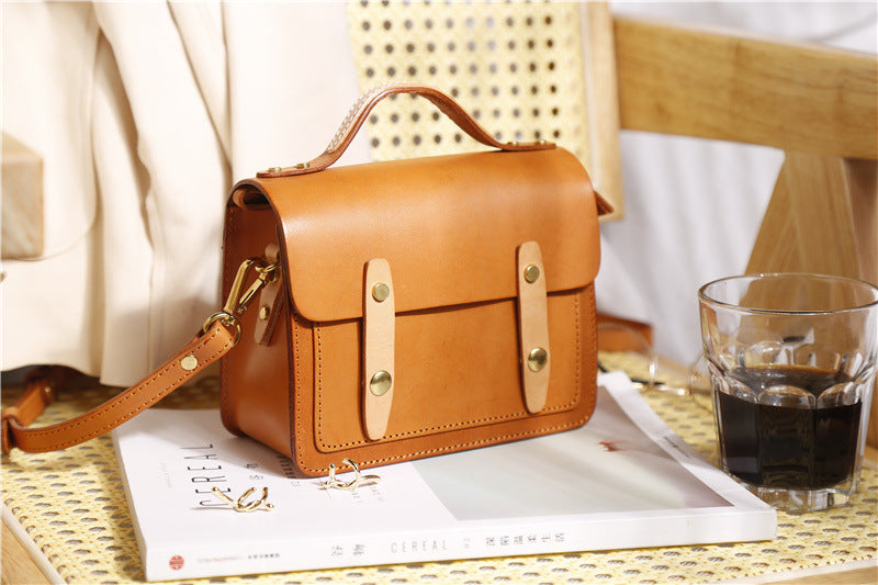 Cowhide Vege Tanned Leather Messager Handbag for Women 8025-Handbags-Brown-Free Shipping Leatheretro