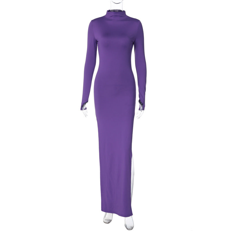 Sexy Fashion Split Front Long Sleeves Bodycon Long Dresses-Dresses-Purple-S-Free Shipping Leatheretro