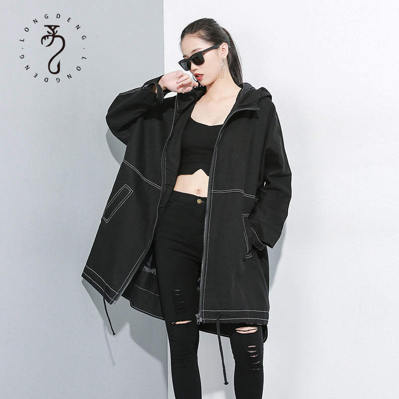 Black Personality Long Sleeves Hoodies Overcoats for Women-Outerwear-Black-One Size-Free Shipping Leatheretro