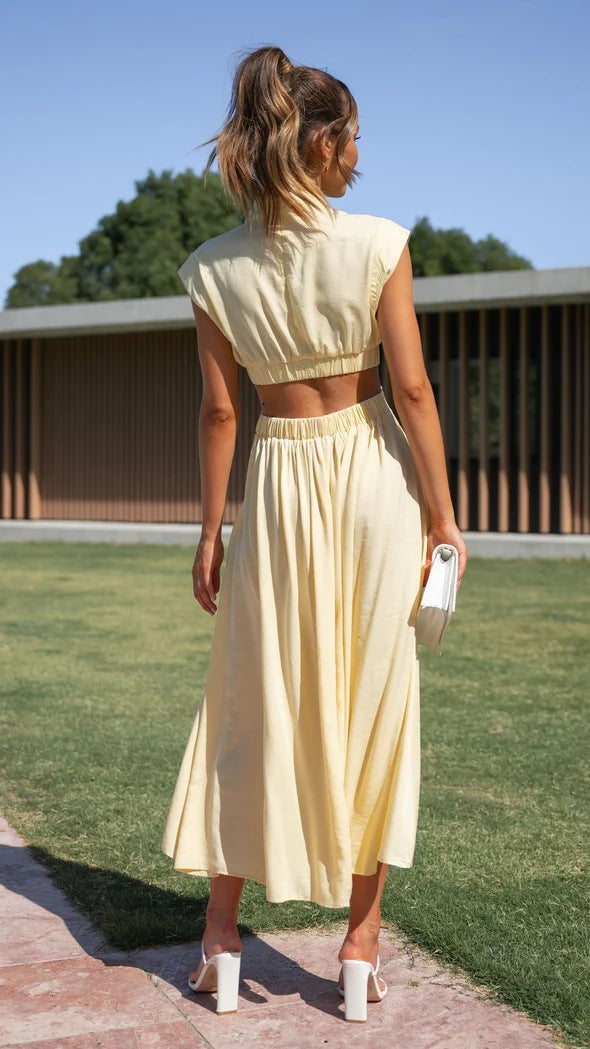 Fashion Stand Collar Waist Baring Summer Long Dresses-Dresses-Green-S-Free Shipping Leatheretro